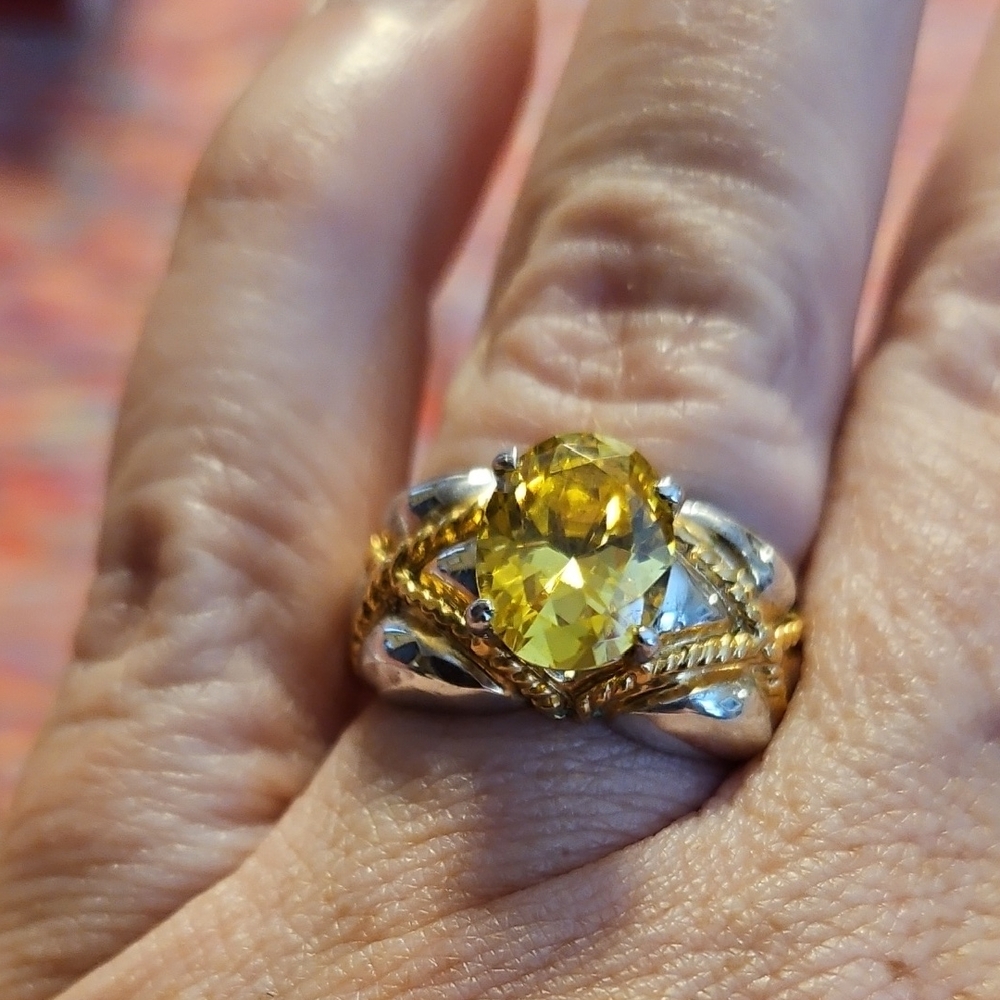Yellow CZ, Gold and Silver Ring Size 7